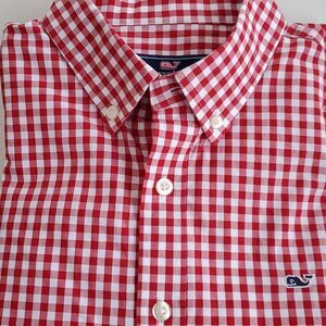 VINEYARD VINES RED WHITE GINGHAM CHECK WHALE BUTTON UP SHIRT 100% COTTON BOYS XL